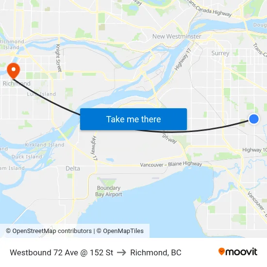 Westbound 72 Ave @ 152 St to Richmond, BC map