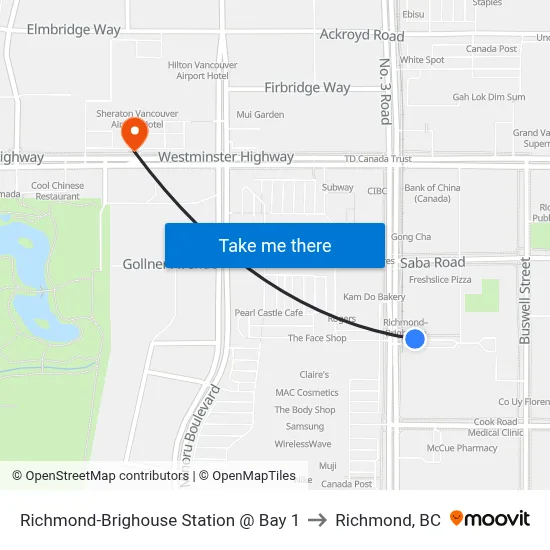 Richmond-Brighouse Station @ Bay 1 to Richmond, BC map
