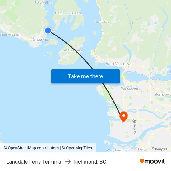 Langdale Ferry Terminal to Richmond, BC map