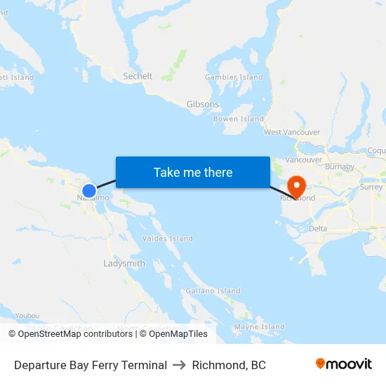 Departure Bay Ferry Terminal to Richmond, BC map