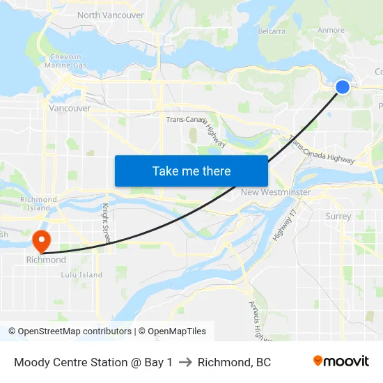Moody Centre Station @ Bay 1 to Richmond, BC map