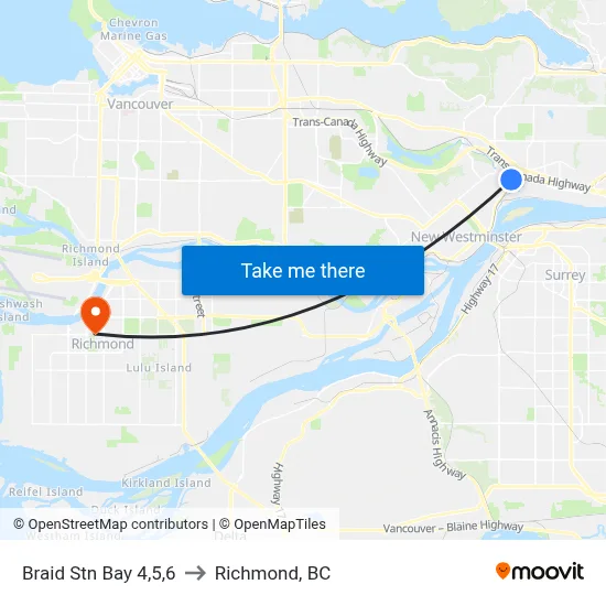Braid Stn Bay 4,5,6 to Richmond, BC map