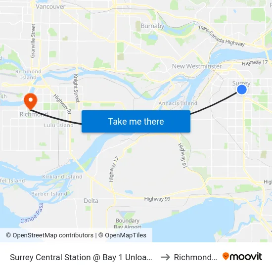 Surrey Central Station @ Bay 1 Unloading Only to Richmond, BC map