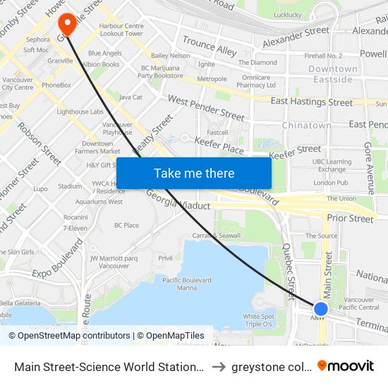 Main Street-Science World Station @ Bay 1 to greystone college map