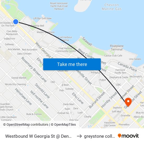 Westbound W Georgia St @ Denman St to greystone college map