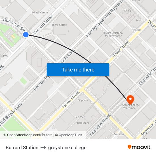 Burrard Station to greystone college map