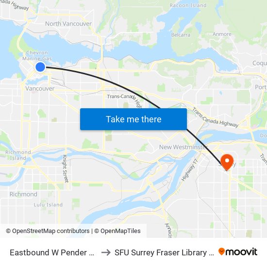 Eastbound W Pender St @ Seymour St to SFU Surrey Fraser Library Team Room 3670 map