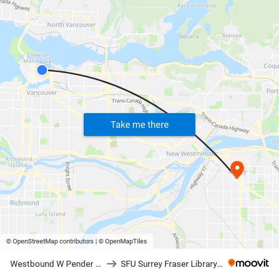 Westbound W Pender St @ Seymour St to SFU Surrey Fraser Library Team Room 3670 map