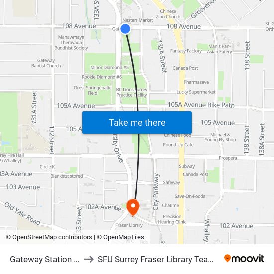 Gateway Station @ Bay 3 to SFU Surrey Fraser Library Team Room 3670 map