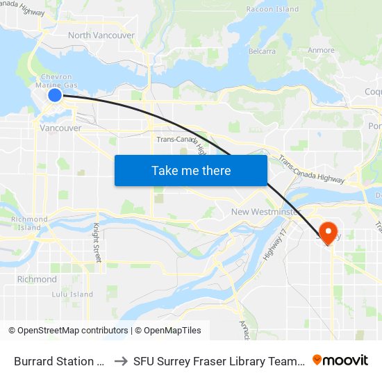 Burrard Station @ Bay 1 to SFU Surrey Fraser Library Team Room 3670 map