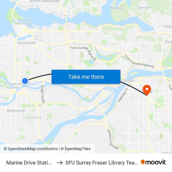 Marine Drive Station @ Bay 1 to SFU Surrey Fraser Library Team Room 3670 map