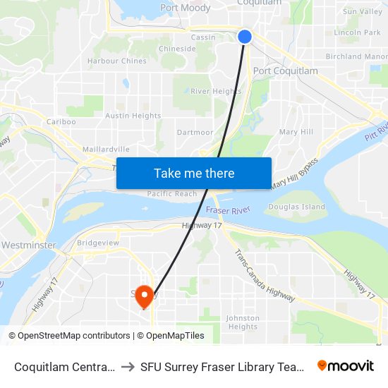 Coquitlam Central Station to SFU Surrey Fraser Library Team Room 3670 map