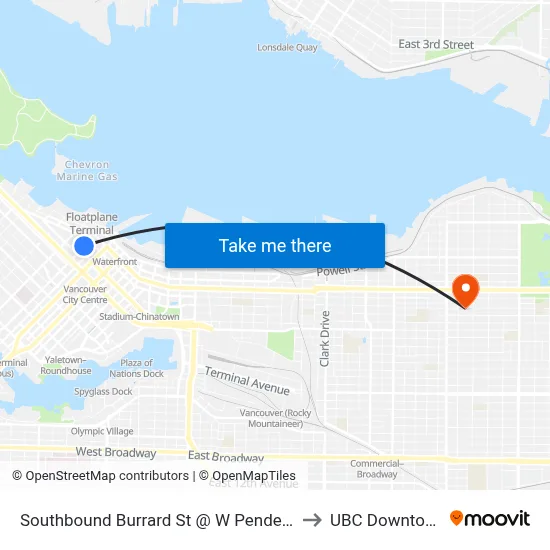 Southbound Burrard St @ W Pender St to UBC Downtown map