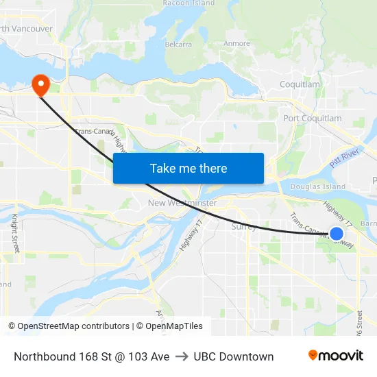 Northbound 168 St @ 103 Ave to UBC Downtown map