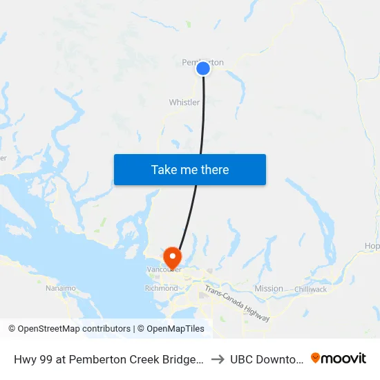 Hwy 99 at Pemberton Creek Bridge (SB) to UBC Downtown map