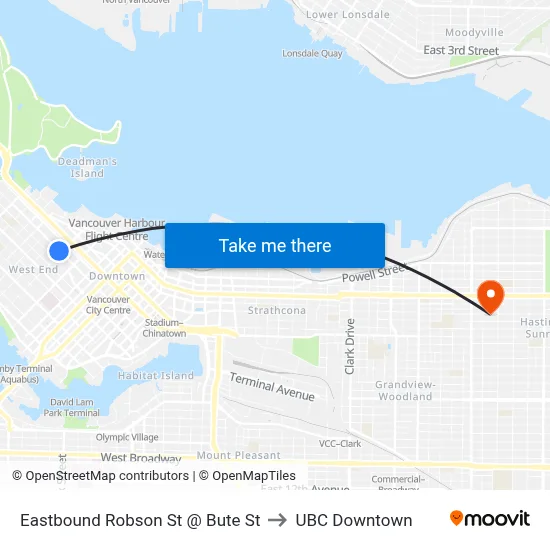 Eastbound Robson St @ Bute St to UBC Downtown map