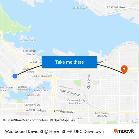 Westbound Davie St @ Howe St to UBC Downtown map