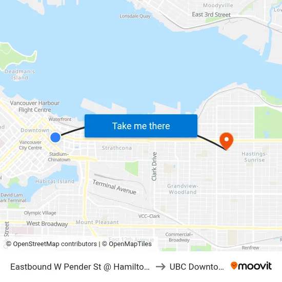 Eastbound W Pender St @ Hamilton St to UBC Downtown map