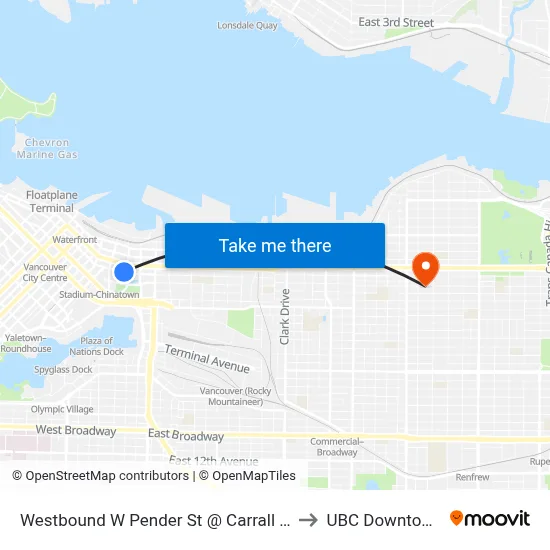 Westbound W Pender St @ Carrall St to UBC Downtown map