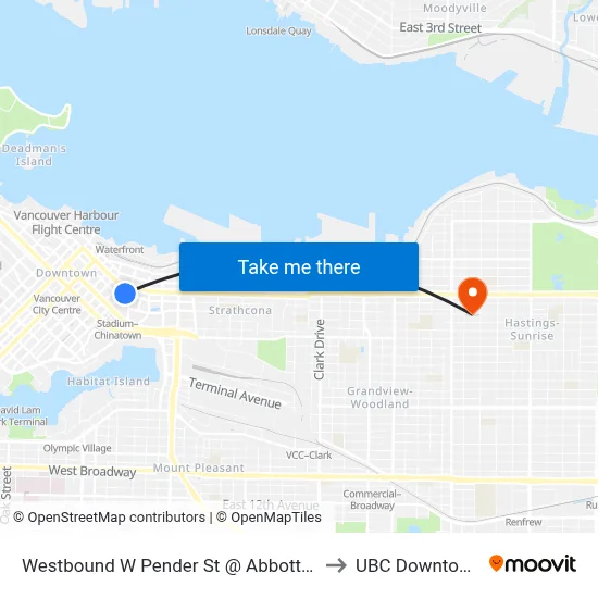 Westbound W Pender St @ Abbott St to UBC Downtown map