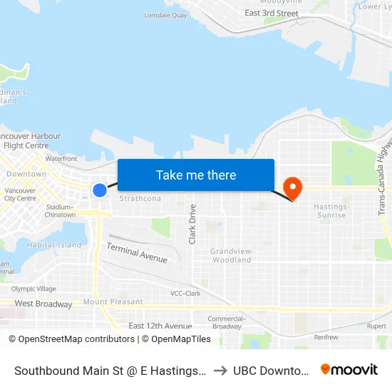 Southbound Main St @ E Hastings St to UBC Downtown map