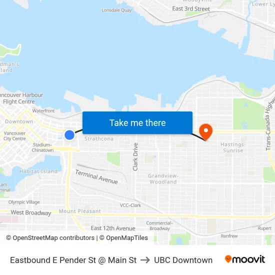 Eastbound E Pender St @ Main St to UBC Downtown map