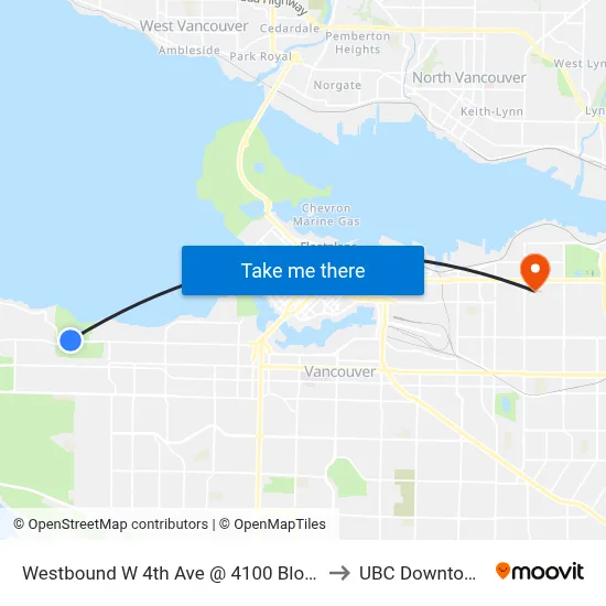 Westbound W 4th Ave @ 4100 Block to UBC Downtown map