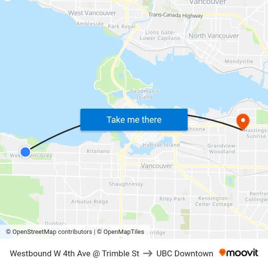 Westbound W 4th Ave @ Trimble St to UBC Downtown map