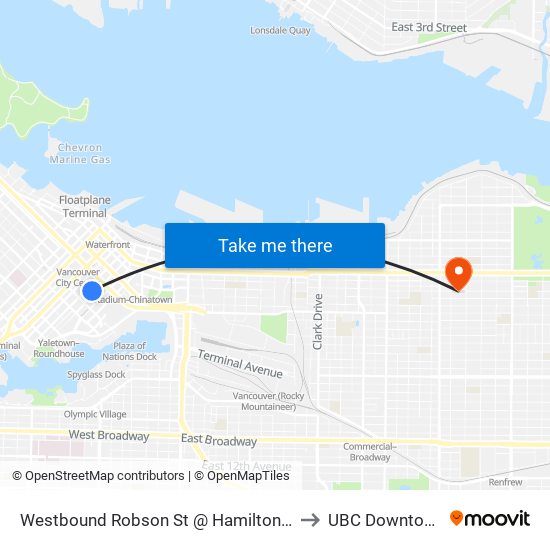 Westbound Robson St @ Hamilton St to UBC Downtown map