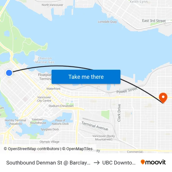 Southbound Denman St @ Barclay St to UBC Downtown map
