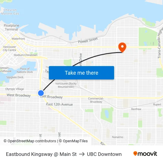Eastbound Kingsway @ Main St to UBC Downtown map