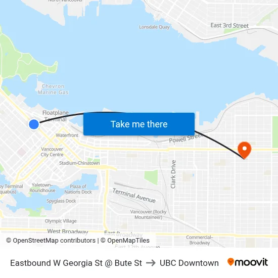 Eastbound W Georgia St @ Bute St to UBC Downtown map