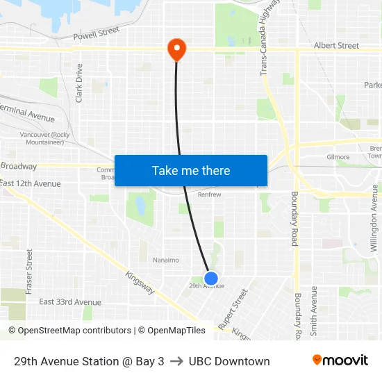 29th Avenue Station @ Bay 3 to UBC Downtown map