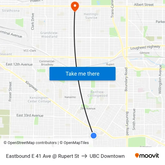 Eastbound E 41 Ave @ Rupert St to UBC Downtown map