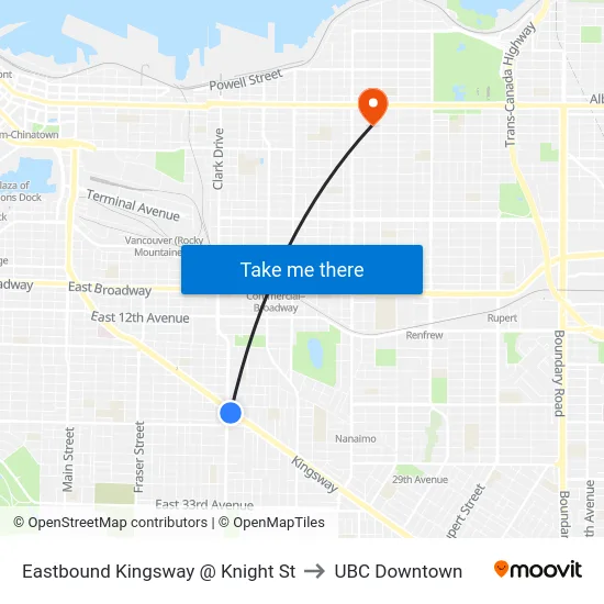 Eastbound Kingsway @ Knight St to UBC Downtown map