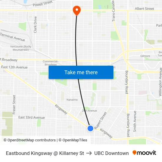 Eastbound Kingsway @ Killarney St to UBC Downtown map