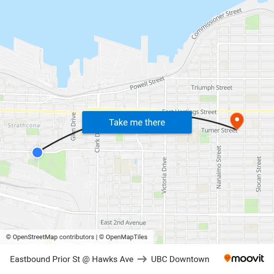 Eastbound Prior St @ Hawks Ave to UBC Downtown map