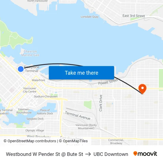 Westbound W Pender St @ Bute St to UBC Downtown map