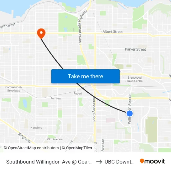 Southbound Willingdon Ave @ Goard Way to UBC Downtown map