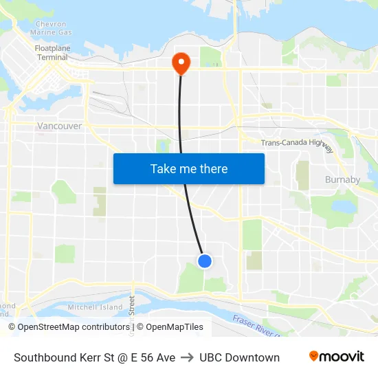 Southbound Kerr St @ E 56 Ave to UBC Downtown map