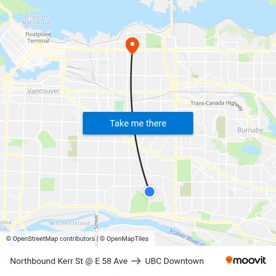 Northbound Kerr St @ E 58 Ave to UBC Downtown map