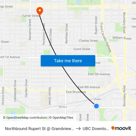 Northbound Rupert St @ Grandview Hwy to UBC Downtown map