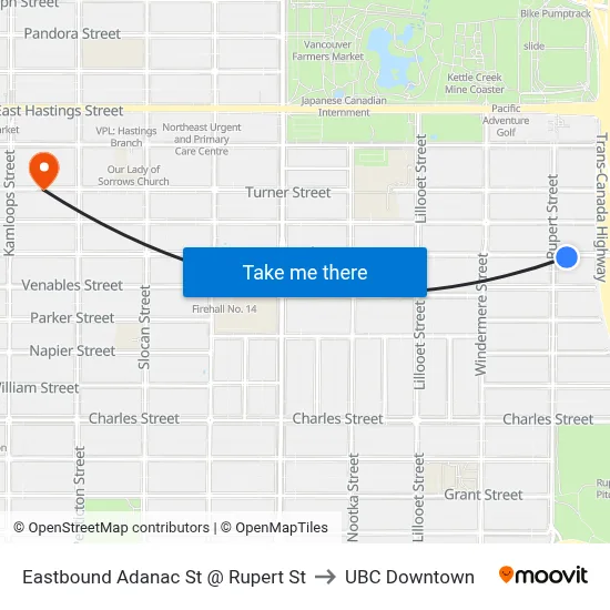 Eastbound Adanac St @ Rupert St to UBC Downtown map