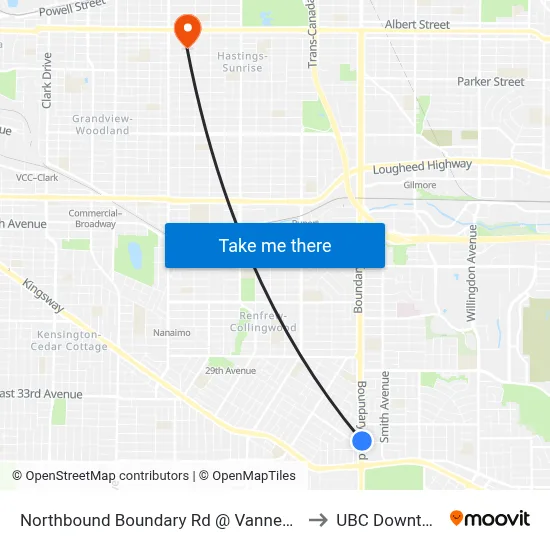 Northbound Boundary Rd @ Vanness Ave to UBC Downtown map