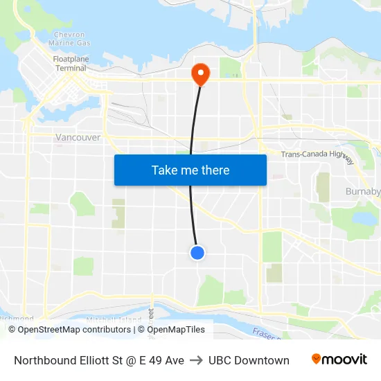 Northbound Elliott St @ E 49 Ave to UBC Downtown map