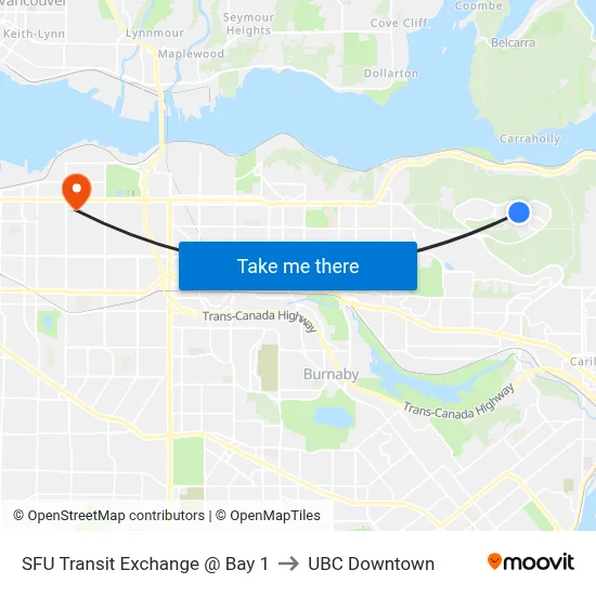 SFU Transit Exchange @ Bay 1 to UBC Downtown map