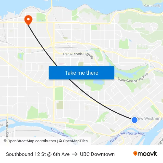 Southbound 12 St @ 6th Ave to UBC Downtown map