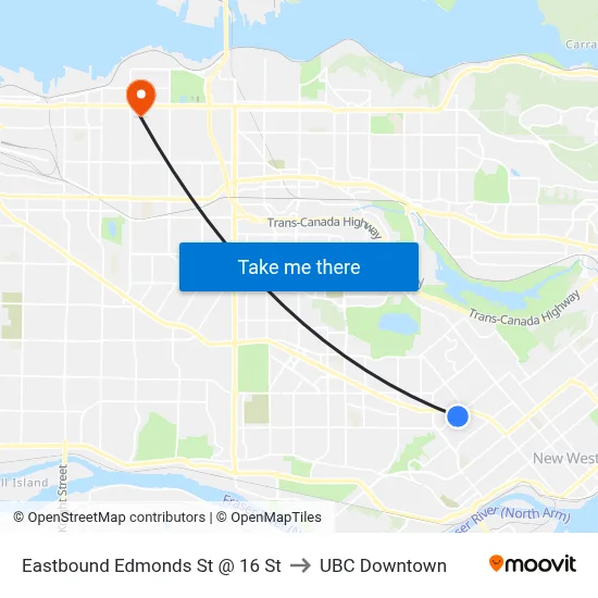 Eastbound Edmonds St @ 16 St to UBC Downtown map
