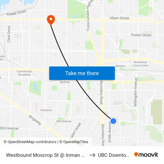 Westbound Moscrop St @ Inman Ave to UBC Downtown map