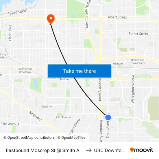 Eastbound Moscrop St @ Smith Ave to UBC Downtown map